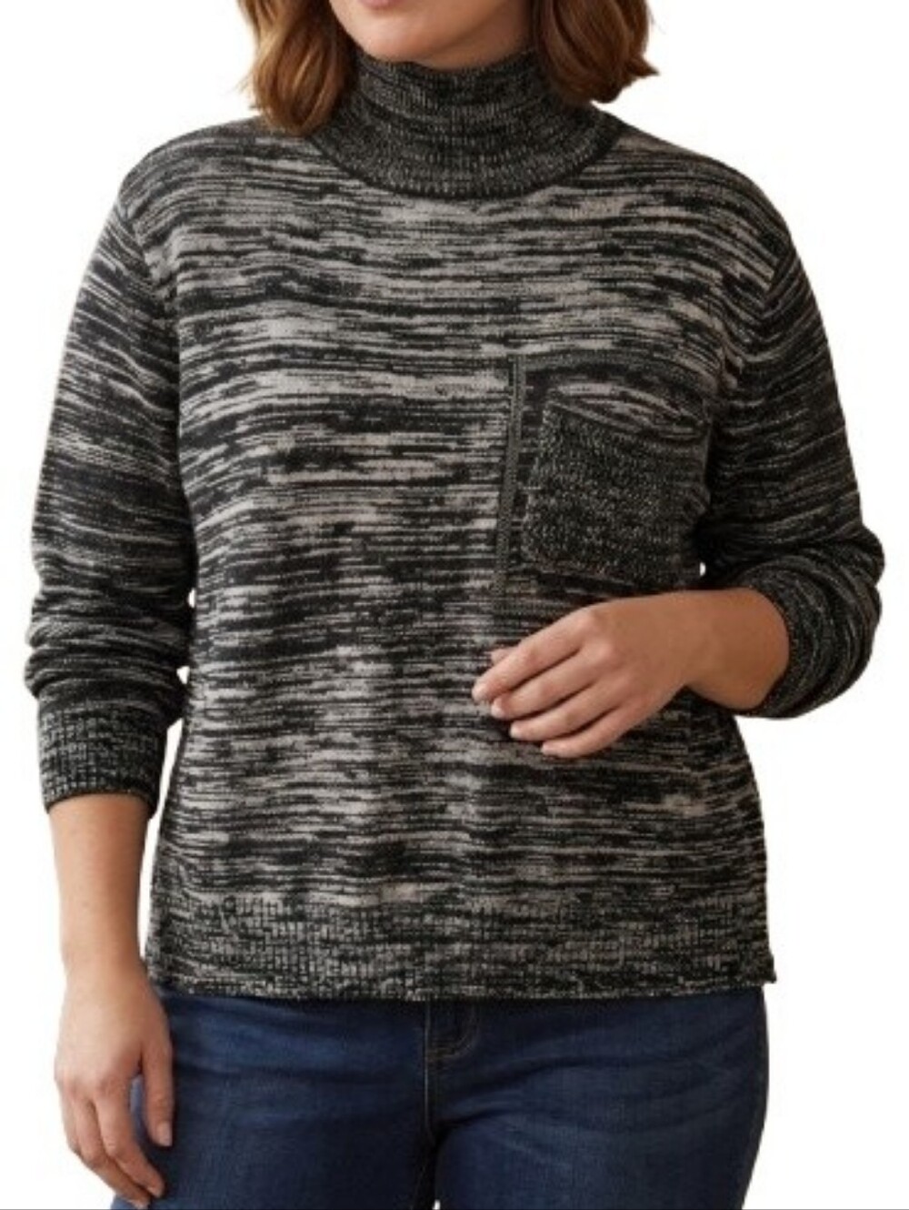 Turtleneck Marled Sweater Gray Black Embellished Pocket Trim Spacedye